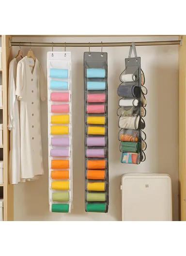 26-Pocket Hanging Storage Bag, Clothes, Pants &amp; Underwear Space-Saving Wardrobe Organizer (W21.5 x H138)cm - Grey