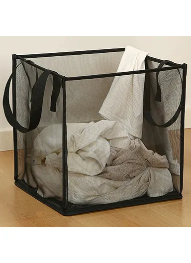 Single Layer Foldable Mesh Laundry Basket with Ergonomic Handle, Portable Laundry Hamper (W33 x D33 x H33)cm - Black