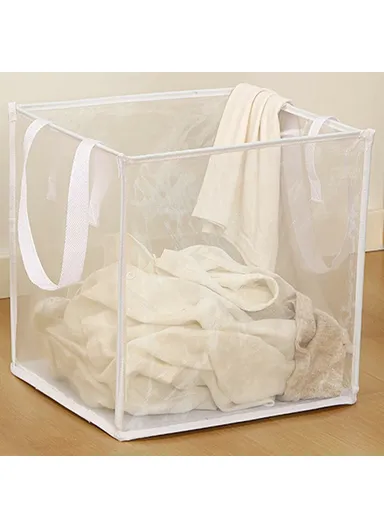 Single Layer Foldable Mesh Laundry Basket with Ergonomic Handle, Portable Laundry Hamper (W33 x D33 x H33)cm - White