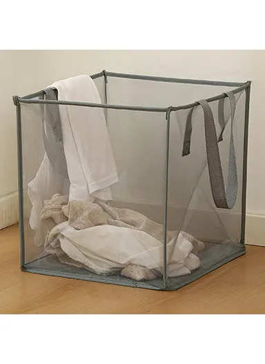 Single Layer Foldable Mesh Laundry Basket with Ergonomic Handle, Portable Laundry Hamper (W33 x D33 x H33)cm - Grey