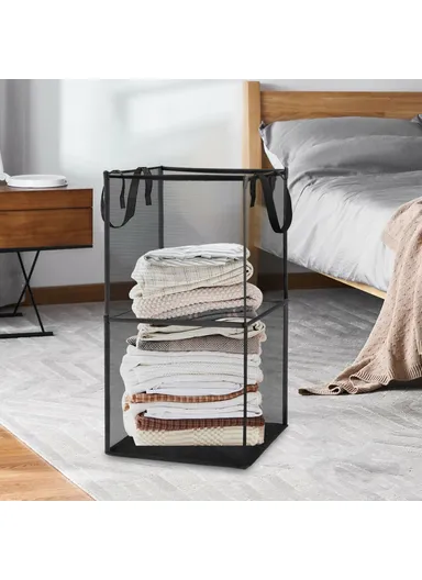 Double Layer Foldable Mesh Laundry Basket with Ergonomic Handle, Portable Laundry Hamper (W33 x D33 x H66)cm - White