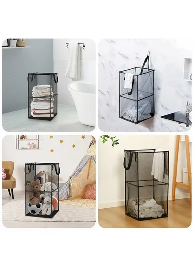 Double Layer Foldable Mesh Laundry Basket with Ergonomic Handle, Portable Laundry Hamper (W33 x D33 x H66)cm - Grey