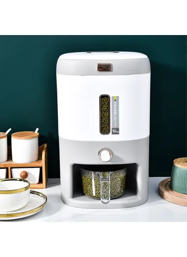 Rice Dispenser Grain Container Storage Cereal Dispenser Bucket for Kitchen Soybean Corn One Key Output  - Grey