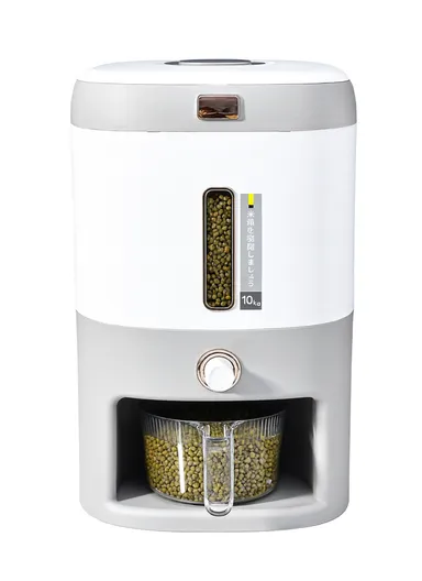 Rice Dispenser Grain Container Storage Cereal Dispenser Bucket for Kitchen Soybean Corn One Key Output  - Grey