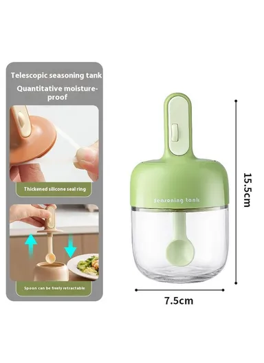 Kitchen Seasoning Container with Integrated Spoon, Moisture-Proof Glass Sealed Spice Jar - Green