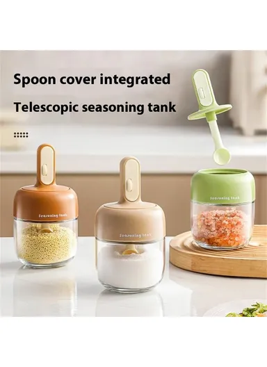 Kitchen Seasoning Container with Integrated Spoon, Moisture-Proof Glass Sealed Spice Jar - Green