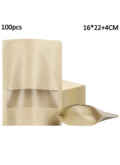 100-Pcs 28C Kraft Paper Food Bags, Stand-Up Ziplock Storage Bag with Clear Window MX-001 (L16 x W4 x H22)cm