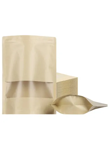 100-Pcs 28C Kraft Paper Food Bags, Stand-Up Ziplock Storage Bag with Clear Window MX-001 (L16 x W4 x H22)cm