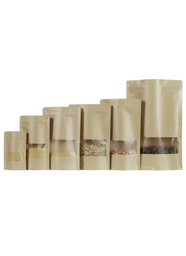100-Pcs 28C Kraft Paper Food Bags, Stand-Up Ziplock Storage Bag with Clear Window MX-001 (L16 x W4 x H22)cm