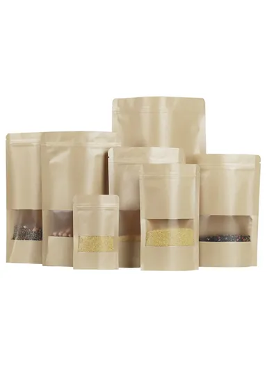 100-Pcs 28C Kraft Paper Food Bags, Stand-Up Ziplock Storage Bag with Clear Window MX-001 (L16 x W4 x H22)cm