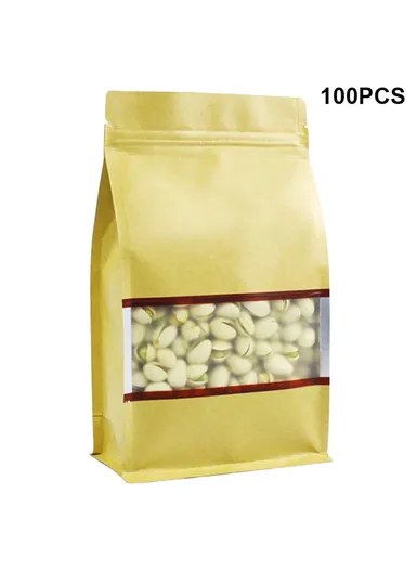 100-Pcs Kraft Paper Bag, Aluminum Foil Stand Up Pouches with Window MX-004 (L14 x W6 x H24)cm