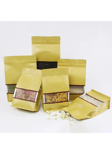 100-Pcs Kraft Paper Bag, Aluminum Foil Stand Up Pouches with Window MX-004 (L14 x W6 x H24)cm