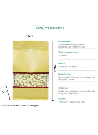 100-Pcs Kraft Paper Bag, Aluminum Foil Stand Up Pouches with Window MX-004 (L14 x W6 x H24)cm