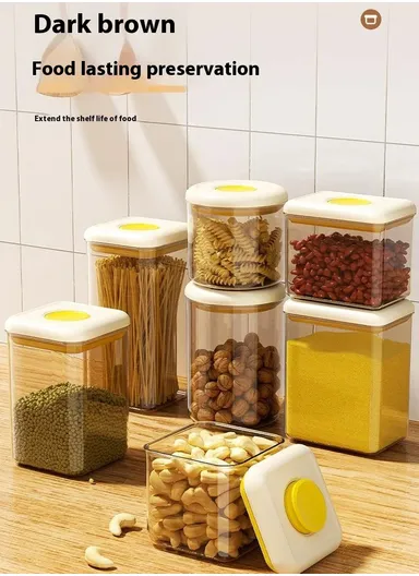 600ml Rectangular PS Airtight Container Push Button Grains Snacks Kitchen Food Storage Canister - Yellow