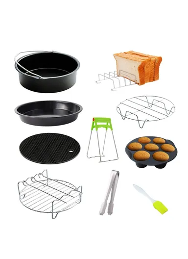 10-Pcs Set Air Fryer Accessory Kit for 3.2QT-5.8QT Air Fryer Frying Baking Pan Rack Pizza Tray Pot Metal Holder Set - 7-inch
