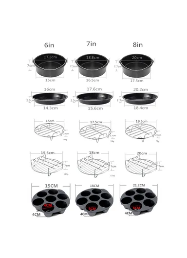 10-Pcs Set Air Fryer Accessory Kit for 3.2QT-5.8QT Air Fryer Frying Baking Pan Rack Pizza Tray Pot Metal Holder Set - 7-inch
