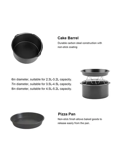 10-Pcs Set Air Fryer Accessory Kit for 3.2QT-5.8QT Air Fryer Frying Baking Pan Rack Pizza Tray Pot Metal Holder Set - 7-inch