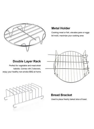 10-Pcs Set Air Fryer Accessory Kit for 3.2QT-5.8QT Air Fryer Frying Baking Pan Rack Pizza Tray Pot Metal Holder Set - 8-inch