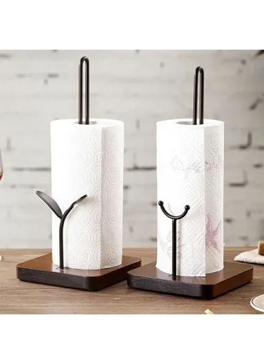 Square Wooden Base Roll Paper Holder Stand Kitchen Vertical Cling Film Storage Rack CYF-077