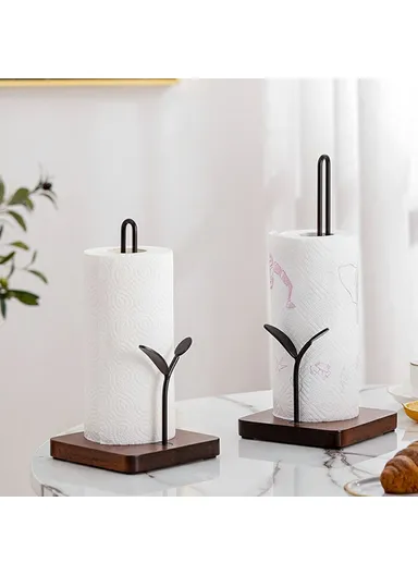 Square Wooden Base Roll Paper Holder Stand Kitchen Vertical Cling Film Storage Rack CYF-077