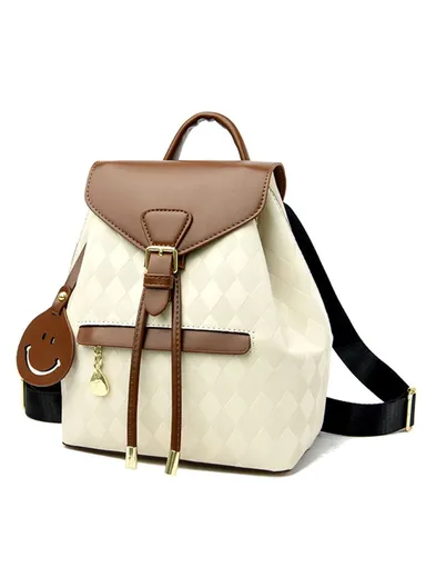 Women's Rhombus Imprinted PU Leather Backpack Drawstring Shoulder Bag WS-5503 (W21 x D13 x H25)cm - Beige