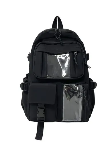 Nylon Backpack Students School Book Bag Travel Shoulders Bag - Black