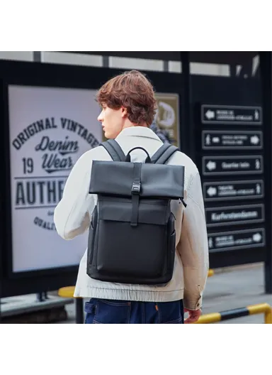 11.5L Magnetic Button Shoulders Bag, Adjustable Straps Business Oxford Cloth Laptop Storage Backpack, Large Travel Bag MR9366 (W30 x D13 x H42)cm - Black