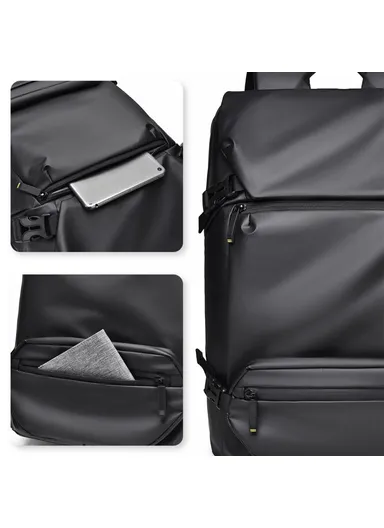 Men's Laptop Backpack Waterproof Leather Film Nylon Cloth Travel Shoulders Bag 1-2858 (W31 x D12 x H42)cm - Black