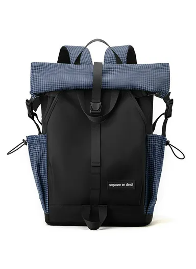 Roll Top Unisex Backpack, Waterproof Nylon Travel Shoulder Bag, Honeycomb Breathable Shoulder Back &amp; Shoulder Strap Backpack 6631 36-55L (L29 x D15 x H44)cm - Dark Blue