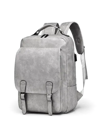 20-35L Men's PU Leather USB Port  Laptop Backpack, Travel Bag Dual Shoulders Bag Daypack B677 (W28 x D14 x H40)cm - Grey