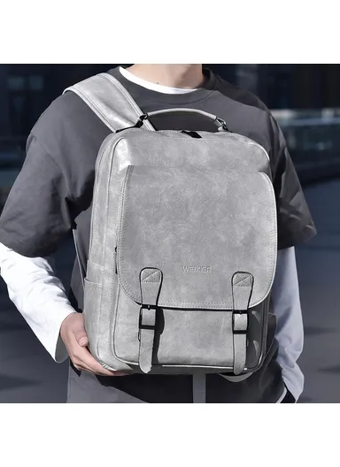 20-35L Men's PU Leather USB Port  Laptop Backpack, Travel Bag Dual Shoulders Bag Daypack B677 (W28 x D14 x H40)cm - Grey