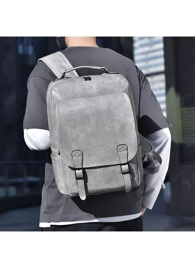 20-35L Men's PU Leather USB Port  Laptop Backpack, Travel Bag Dual Shoulders Bag Daypack B677 (W28 x D14 x H40)cm - Grey