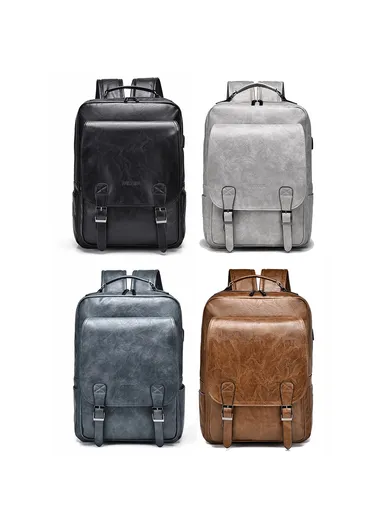 20-35L Men's PU Leather USB Port  Laptop Backpack, Travel Bag Dual Shoulders Bag Daypack B677 (W28 x D14 x H40)cm - Grey