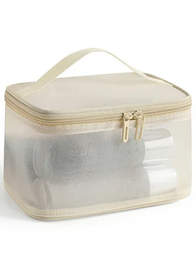 Single Layer Zipper Mesh Toiletry Bag, Portable Travel Nylon Makeup &amp; Cosmetics Organizer (W21 x D13 x H12)cm - Beige