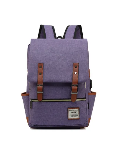 Retro Nylon Oxford Cloth Backpack – Dual Shoulder Laptop &amp; Clothes Bag with USB Charging Port- Light Gold Zipper -Purple