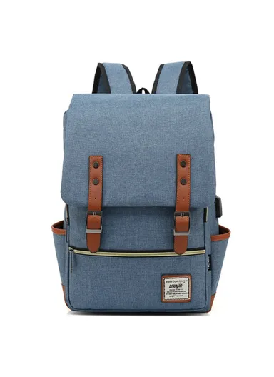 Retro Nylon Oxford Cloth Backpack – Dual Shoulder Laptop &amp; Clothes Bag with USB Charging Port- Light Gold Zipper -Blue