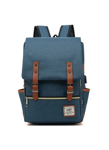 Retro Nylon Oxford Cloth Backpack – Dual Shoulder Laptop &amp; Clothes Bag with USB Charging Port -Light Gold Zipper -Dark Blue