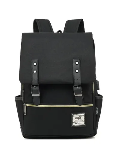 Retro Nylon Oxford Cloth Backpack Laptop Clothes Dual Shoulders Bag with USB Charging Port - Light Gold Zipper &amp; Full Black