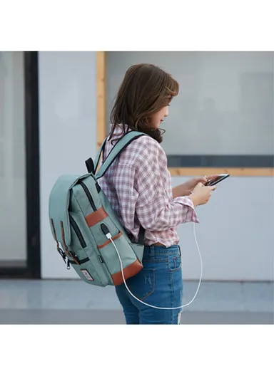 Retro Nylon Oxford Cloth Backpack Laptop Clothes Dual Shoulders Bag with USB Charging Port - Light Gold Zipper &amp; Full Black