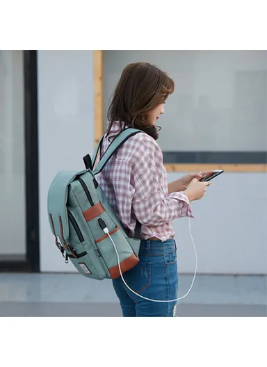 Retro Nylon Oxford Cloth Backpack – Dual Shoulder Laptop &amp; Clothes Bag with USB Charging Port-Black Zipper -Full Black
