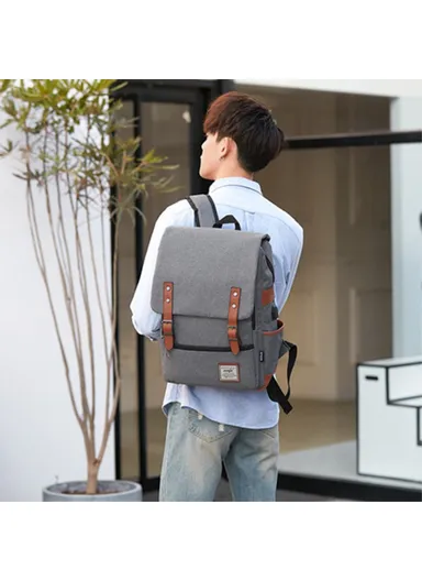Retro Nylon Oxford Cloth Backpack – Dual Shoulder Laptop &amp; Clothes Bag with USB Charging Port-Light Gold Zipper -Grey