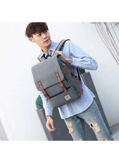 Retro Nylon Oxford Cloth Backpack – Dual Shoulder Laptop &amp; Clothes Bag with USB Charging Port-Light Gold Zipper -Grey
