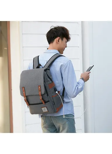 Retro Nylon Oxford Cloth Backpack – Dual Shoulder Laptop &amp; Clothes Bag with USB Charging Port-Light Gold Zipper -Grey