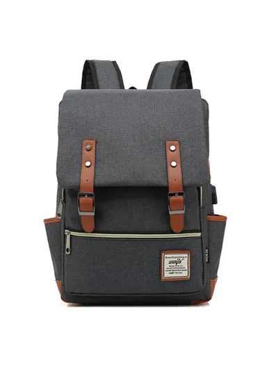 Retro Nylon Oxford Cloth Backpack – Dual Shoulder Laptop &amp; Clothes Bag with USB Charging Port-Light Gold Zipper -Dark Grey