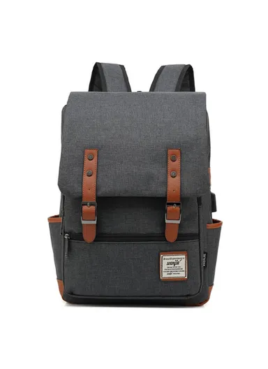 36-55L Retro Style Oxford Cloth Laptop Backpack, Dual Shoulder Strap Travel Backpack Bag with External USB Charging Port (W29 x D14 x H43)cm - Dark Grey
