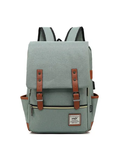Retro Nylon Oxford Cloth Backpack – Dual Shoulder Laptop &amp; Clothes Bag with USB Charging Port - Light Gold Zipper - Light Green