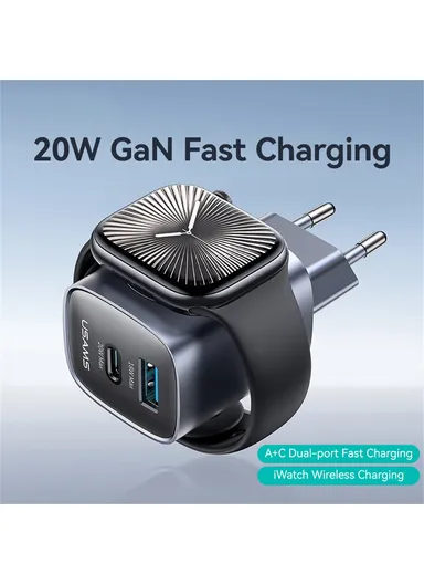 3 in 1 Fast Charger Apple Watch USB-A + USB-C GaN PD 20W Fast Charging Phone Adapter CC293 T67 - EU Plug