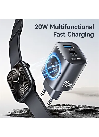 3 in 1 Fast Charger Apple Watch USB-A + USB-C GaN PD 20W Fast Charging Phone Adapter CC293 T67 - EU Plug
