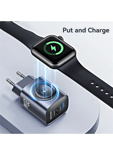 3 in 1 Fast Charger Apple Watch USB-A + USB-C GaN PD 20W Fast Charging Phone Adapter CC293 T67 - EU Plug