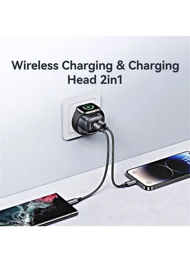 3 in 1 Fast Charger Apple Watch USB-A + USB-C GaN PD 20W Fast Charging Phone Adapter CC293 T67 - EU Plug